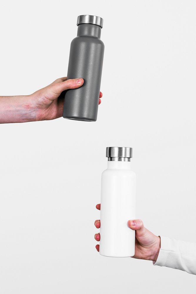 Gray and white water bottle psd mockups