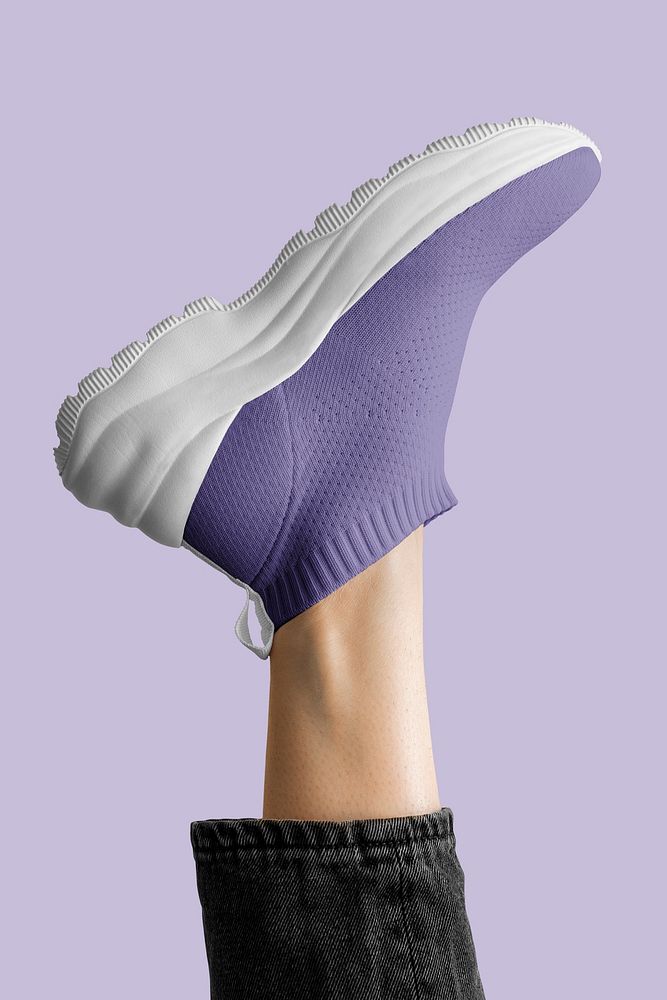 Model wearing purple sneakers women's apparel mockup