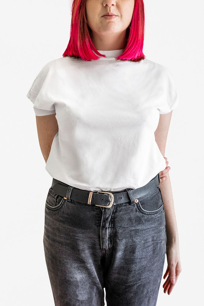 Women's white t-shirt blue jeans studio shot