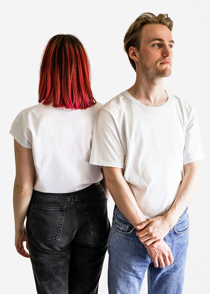 Casual white tee mockup psd on man and woman