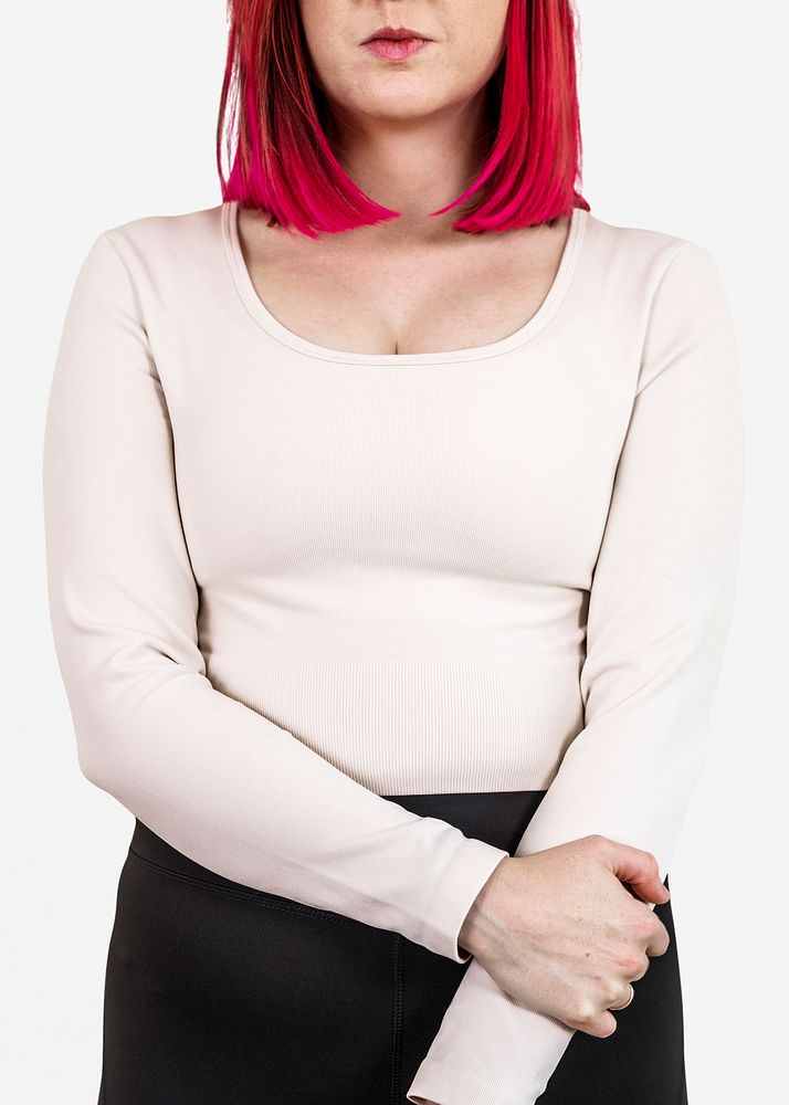 Long sleeve top mockup psd on woman with pink hair
