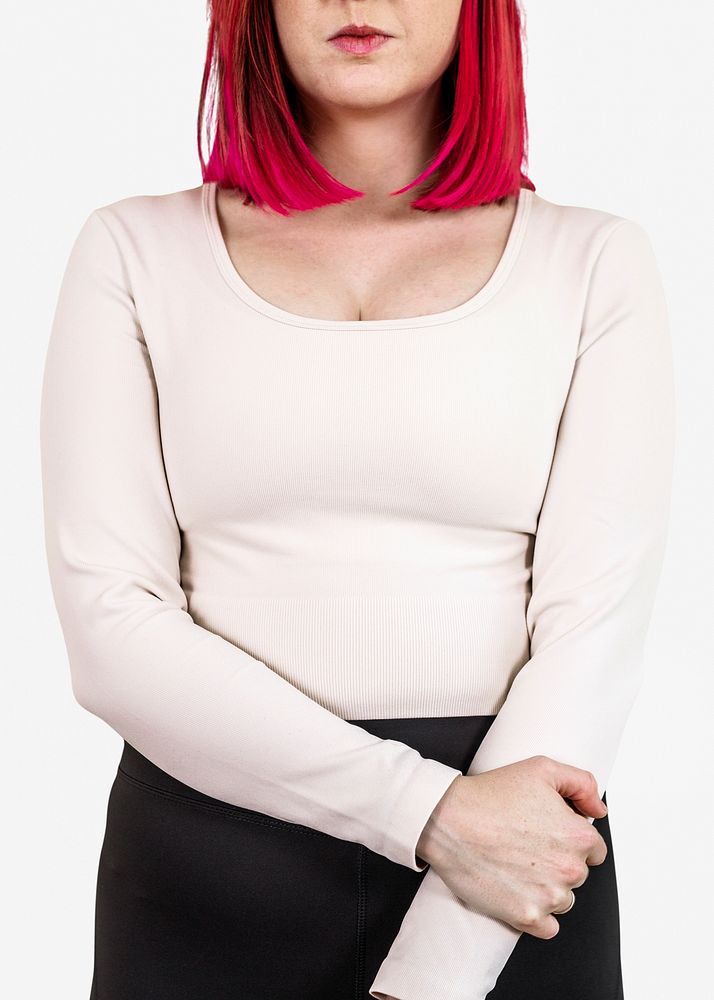Woman in cream long sleeve top