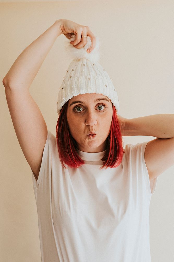 Woman in a white woolen hat apparel mockup