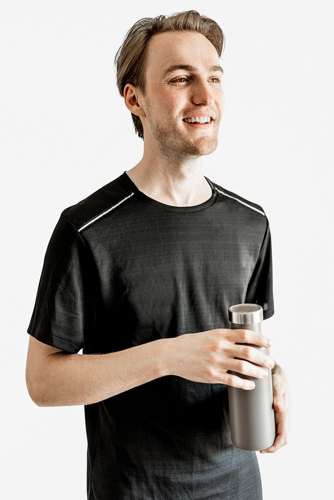 Man in black sport shirt with water bottle