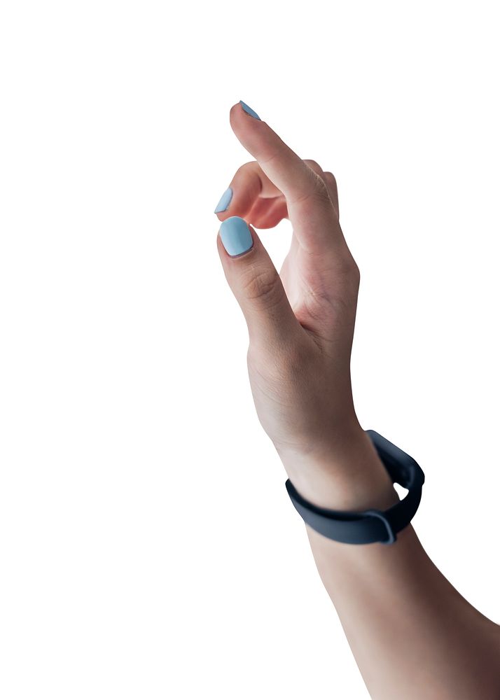 Girl with fitness tracker on her wrist pointing at a screen