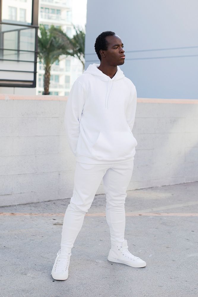 White trendy hoodie street style menswear full body fashion shoot