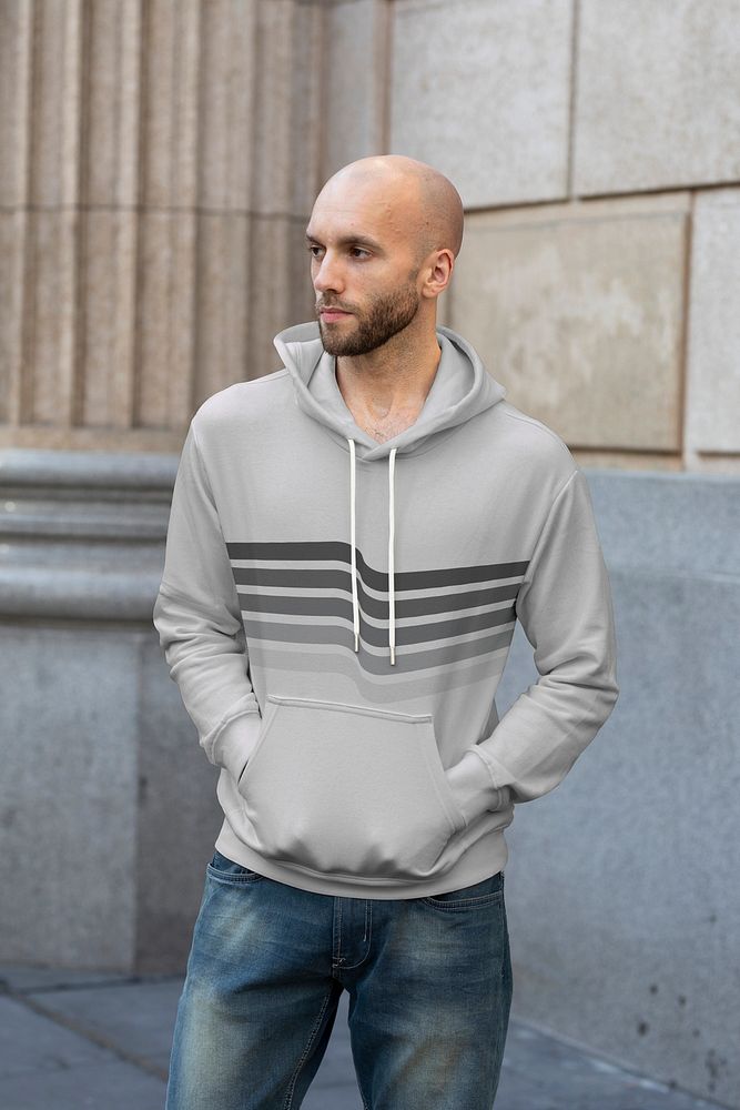 Gray striped hoodie mockup psd sporty menswear outdoor photoshoot