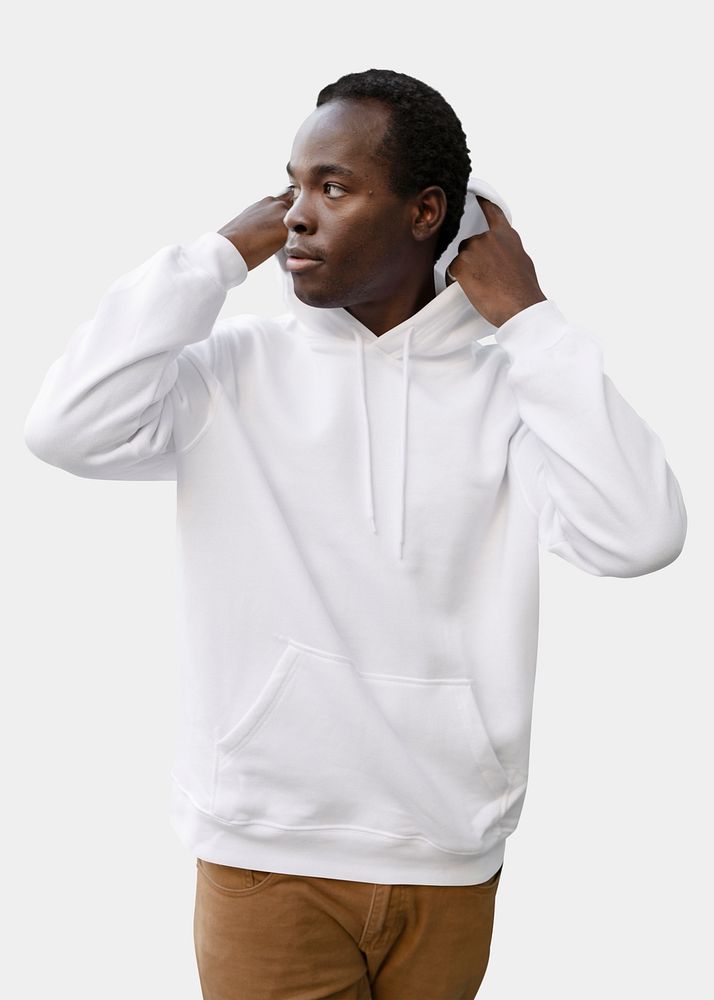 White trendy hoodie mockup psd street style menswear fashion shoot