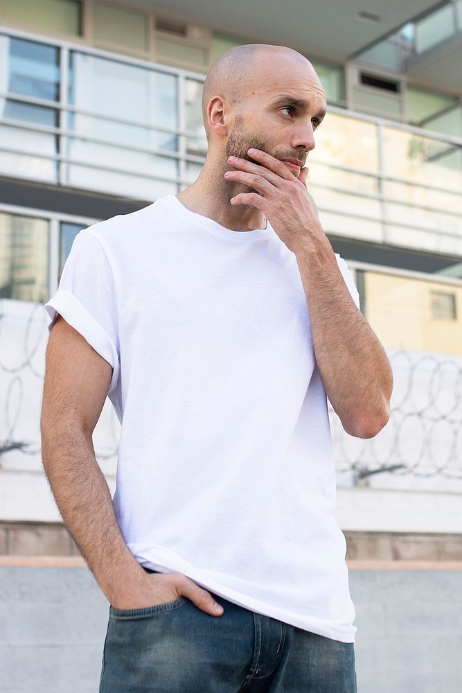 Basic white t-shirt mockup psd men’s fashion apparel outdoor shoot