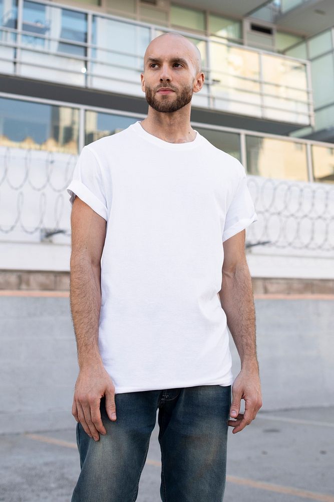 Basic white t-shirt mockup psd men&rsquo;s fashion apparel outdoor shoot