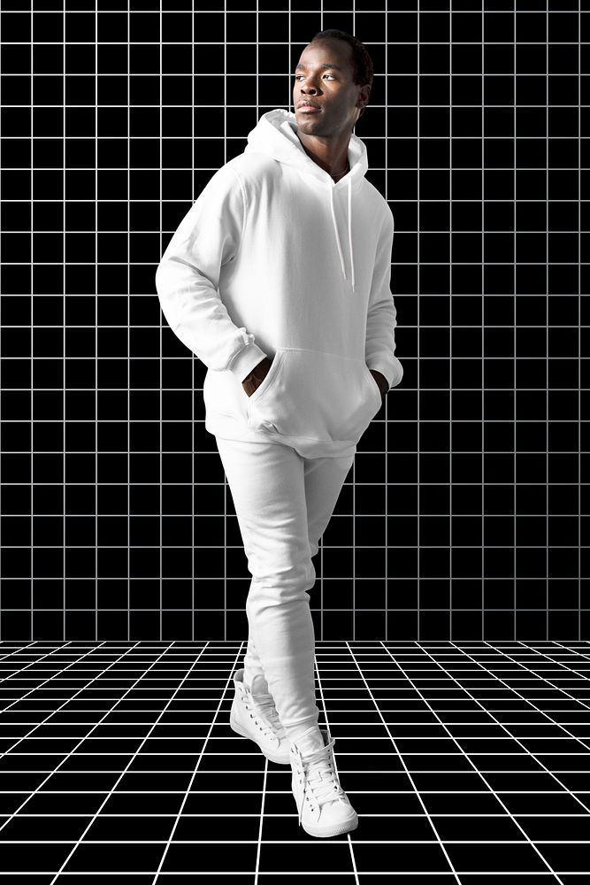 Sporty white hoodie and sweatpants black aesthetic vaporwave background