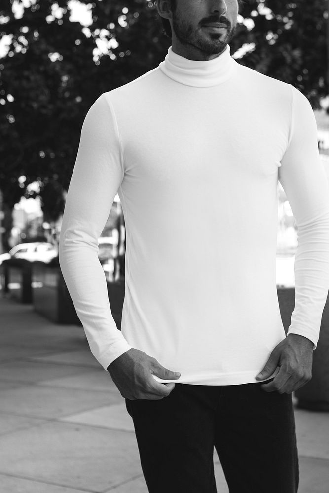 Turtleneck shirt  black and white outdoor fashion shoot