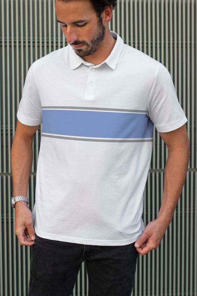 Menswear polo shirt mockup psd white with stripes casual apparel outdoor shoot