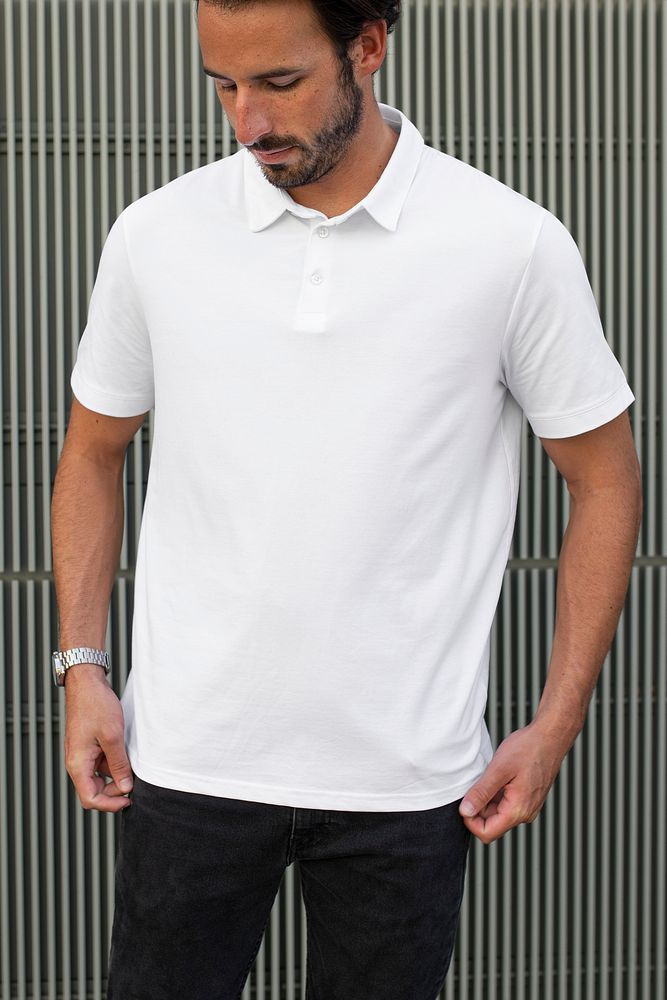 Menswear polo shirt mockup psd white casual apparel outdoor shoot