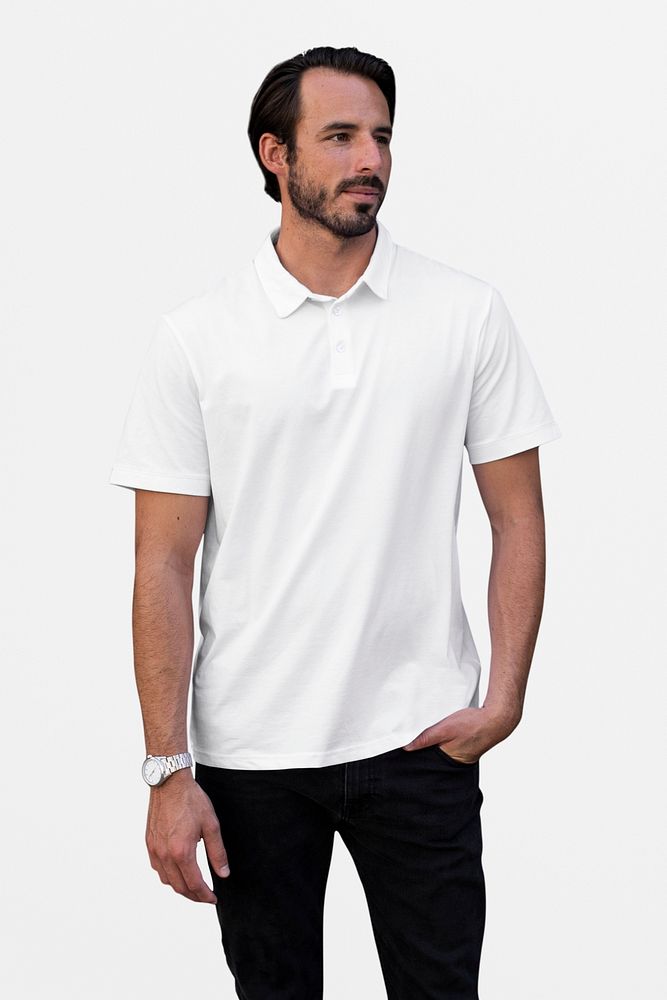White polo shirt mockup psd street style menswear fashion apparel shoot
