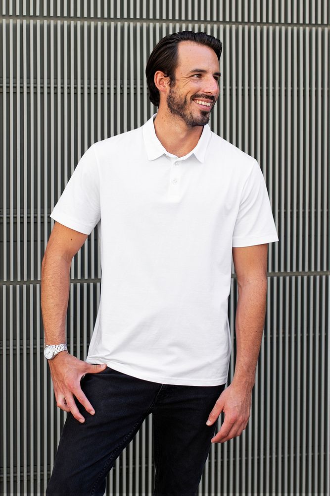 White polo shirt mockup psd street style menswear fashion apparel shoot