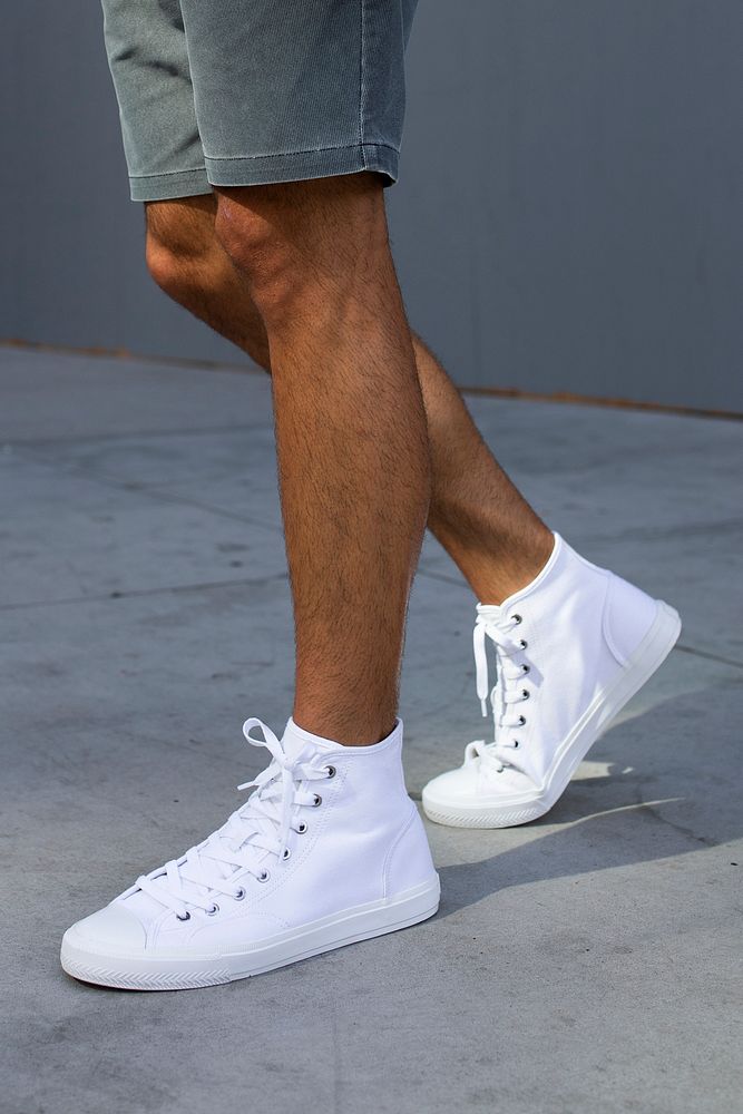Men&rsquo;s ankle sneakers mockup psd white street style apparel shoot