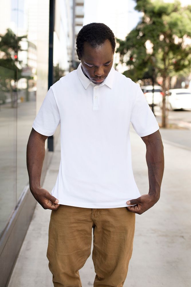 White polo shirt men's casual attire menswear