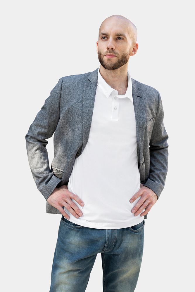 Simple polo shirt man wearing suit business look photoshoot