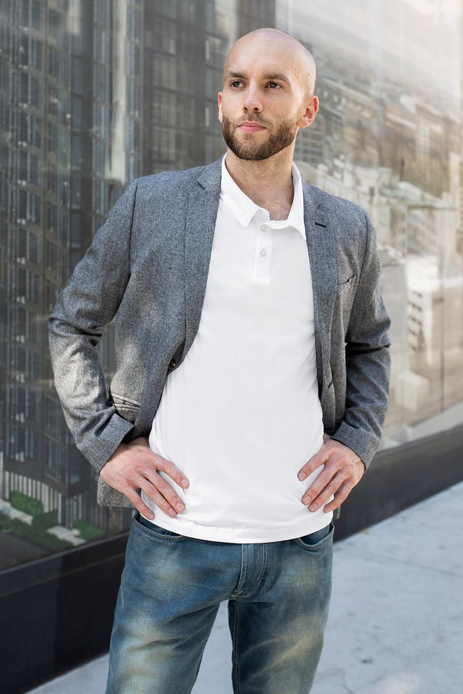 Simple polo shirt man wearing suit business look photoshoot