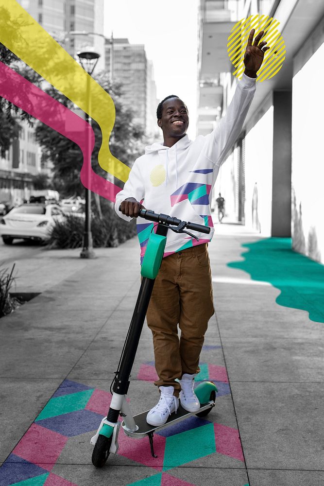 White hoodie mockup psd man riding scooter with colorful graphics