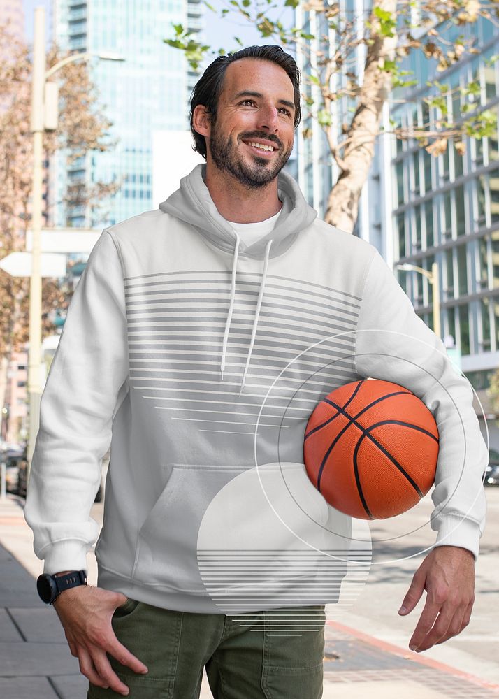 Gray striped hoodie mockup psd sporty menswear outdoor photoshoot
