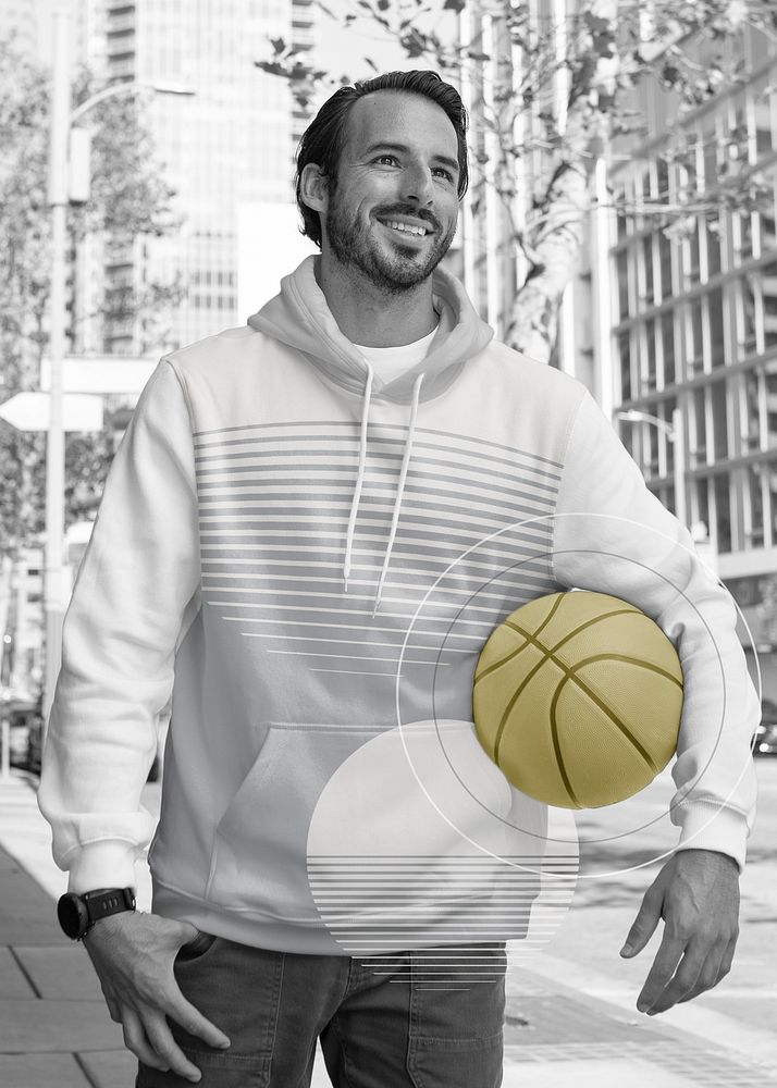 Hoodie on a man with basketball in the city