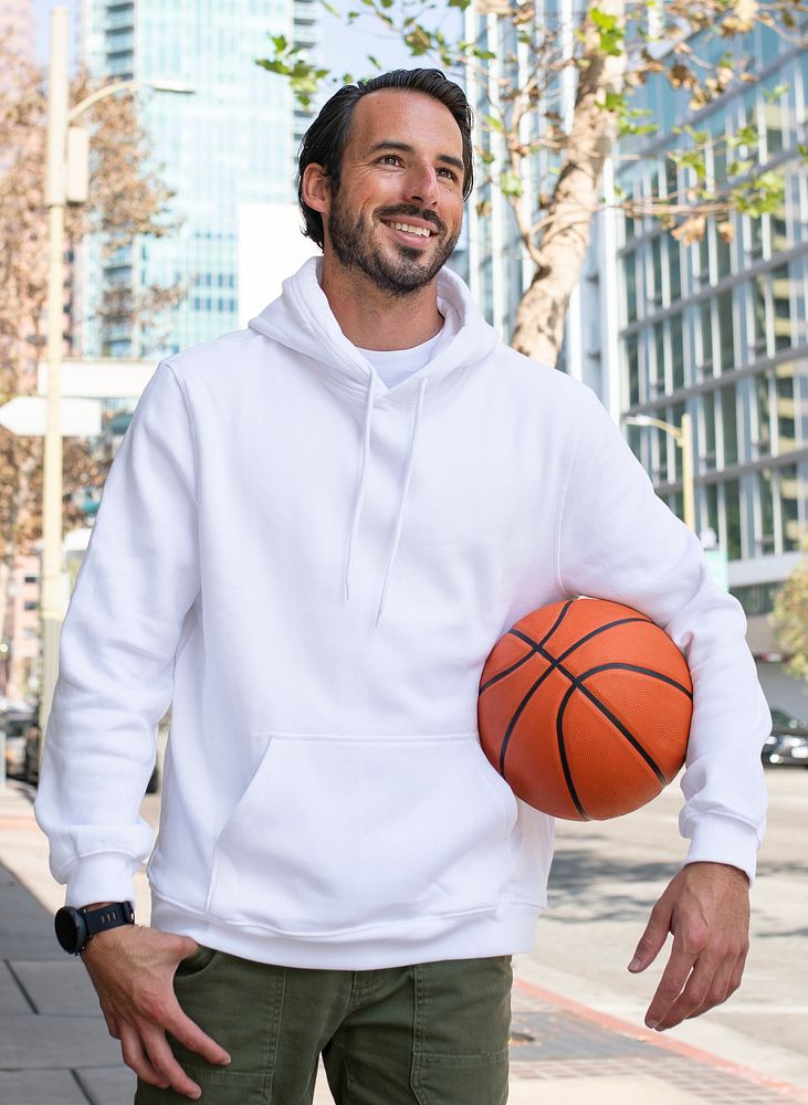 White hoodie mockup psd man with basketball