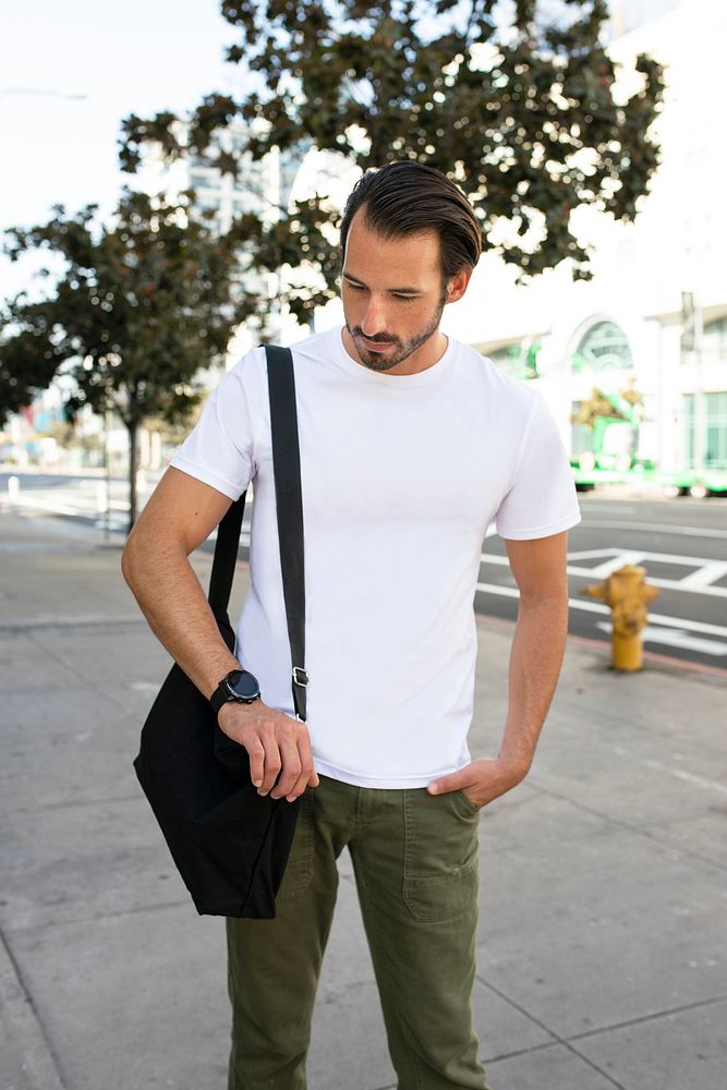 Casual dressed man heading to work outdoor photoshoot