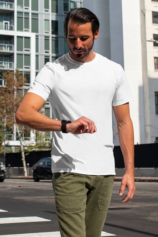 Casual dressed man mockup psd looking at the time outdoor photoshoot