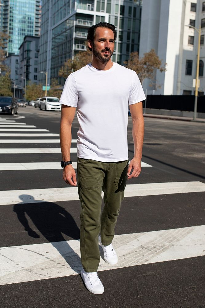 Casual dressed man mockup psd crossing the road outdoor photoshoot