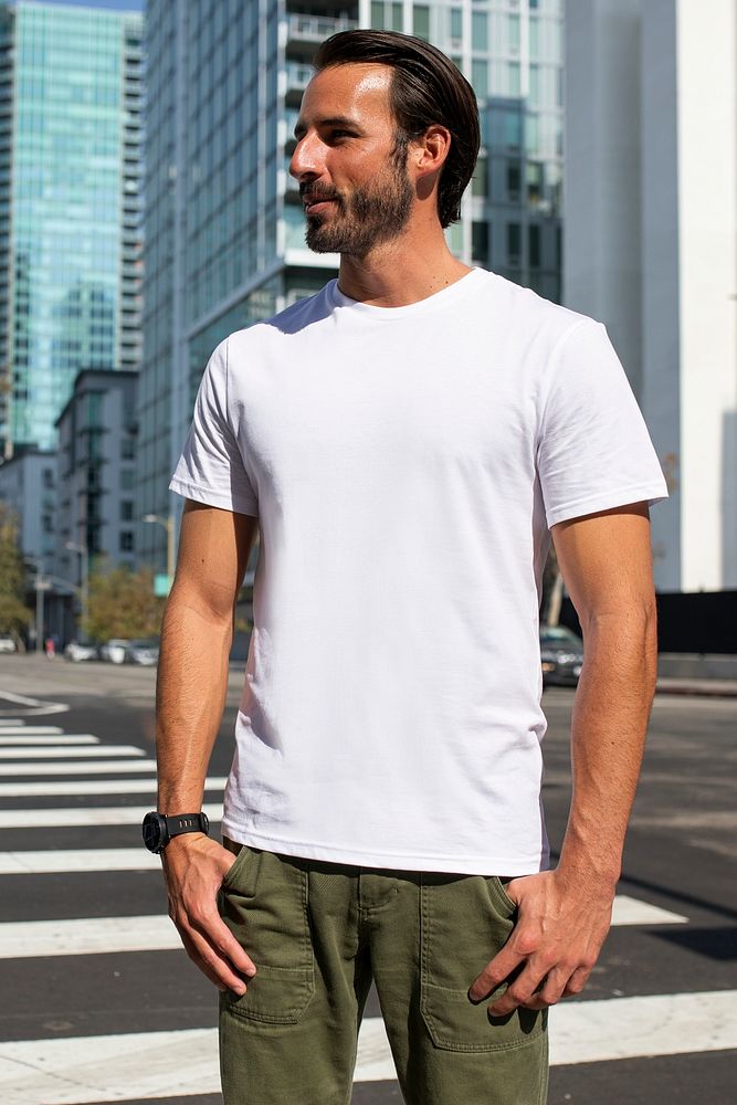 Casual dressed man mockup psd crossing the road outdoor photoshoot
