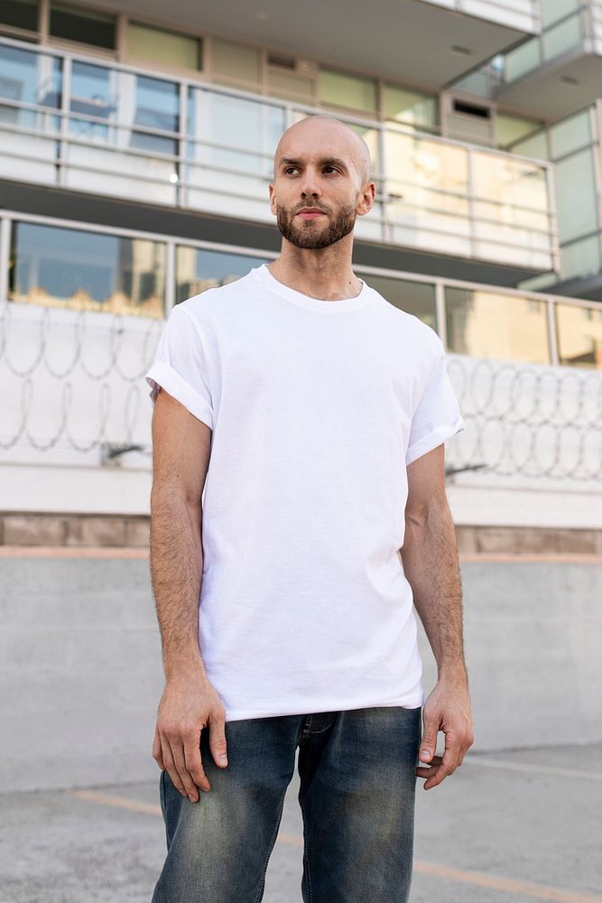 Casual white t-shirt mockup psd man in the city apparel shoot