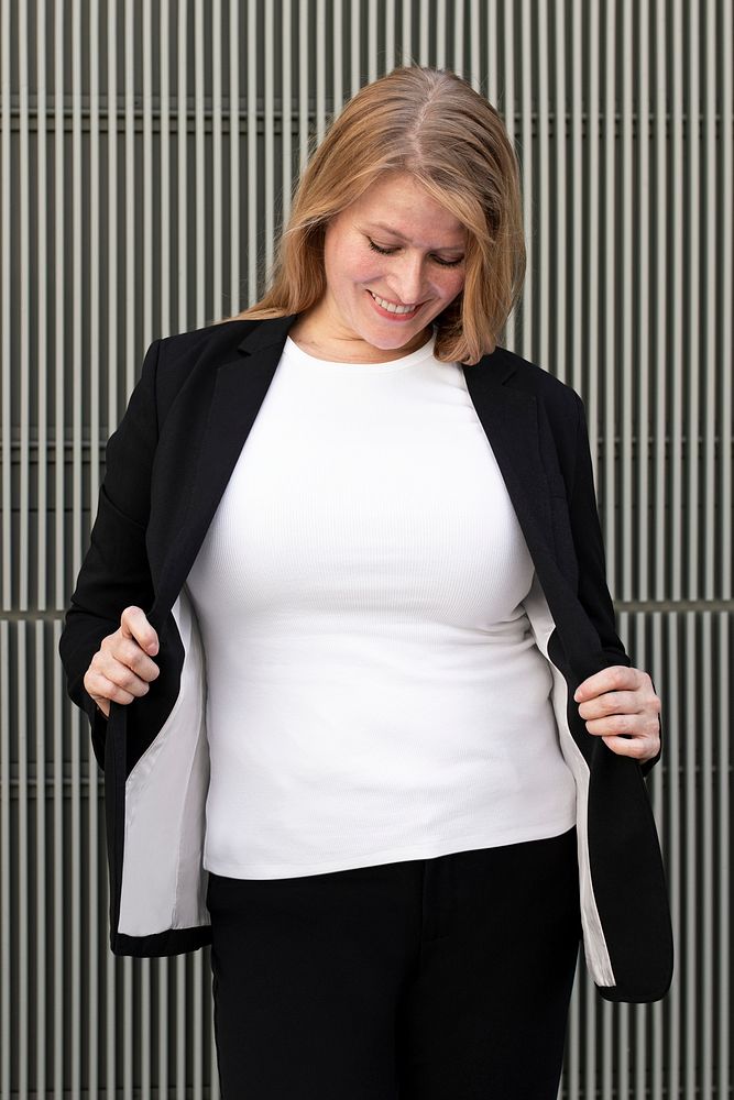 White t-shirt apparel mockup psd plus size woman in black business suit