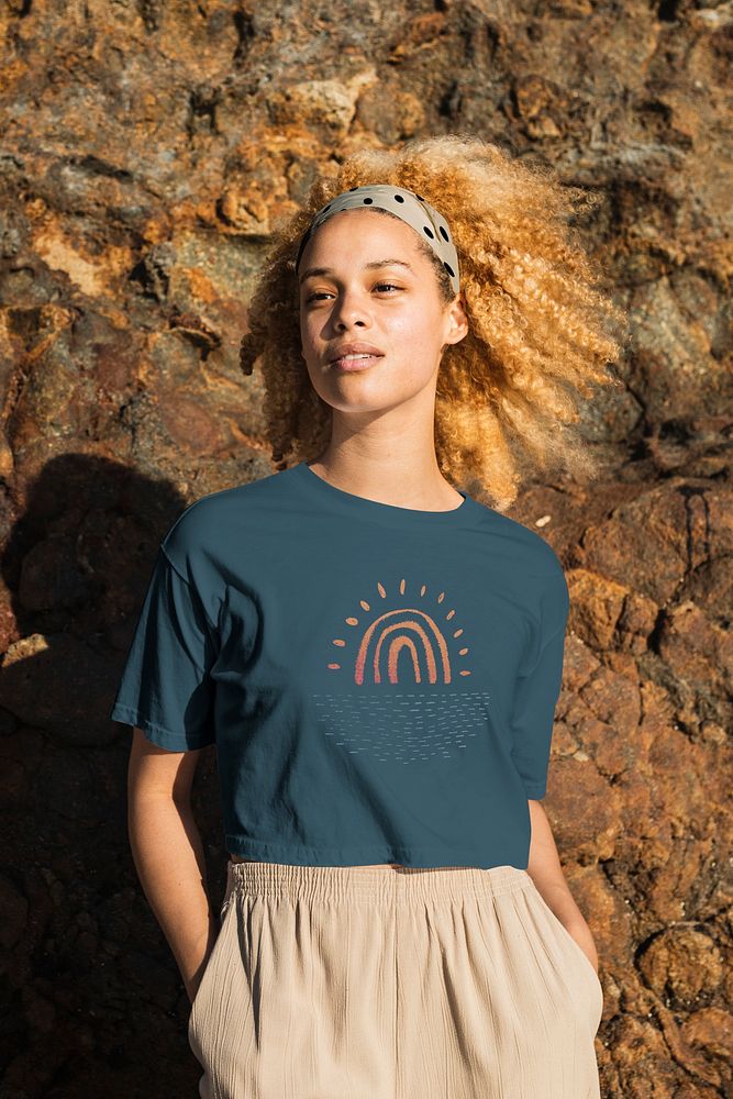 Aesthetic navy crop top mockup psd with sunset women&rsquo;s apparel outdoor shoot