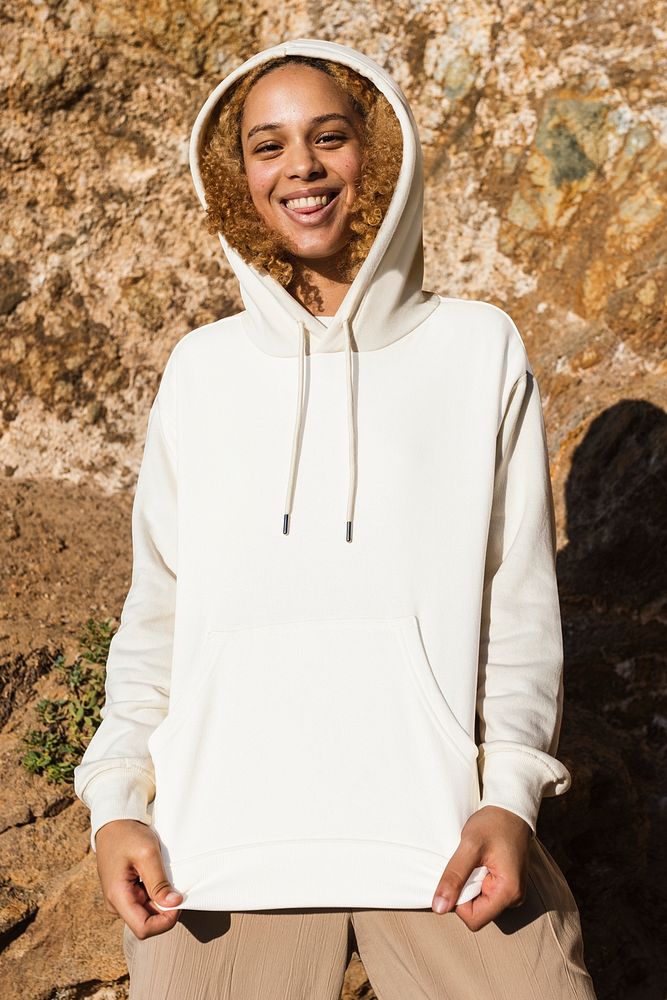 Women&rsquo;s white hoodie psd mockup basic winter apparel photoshoot