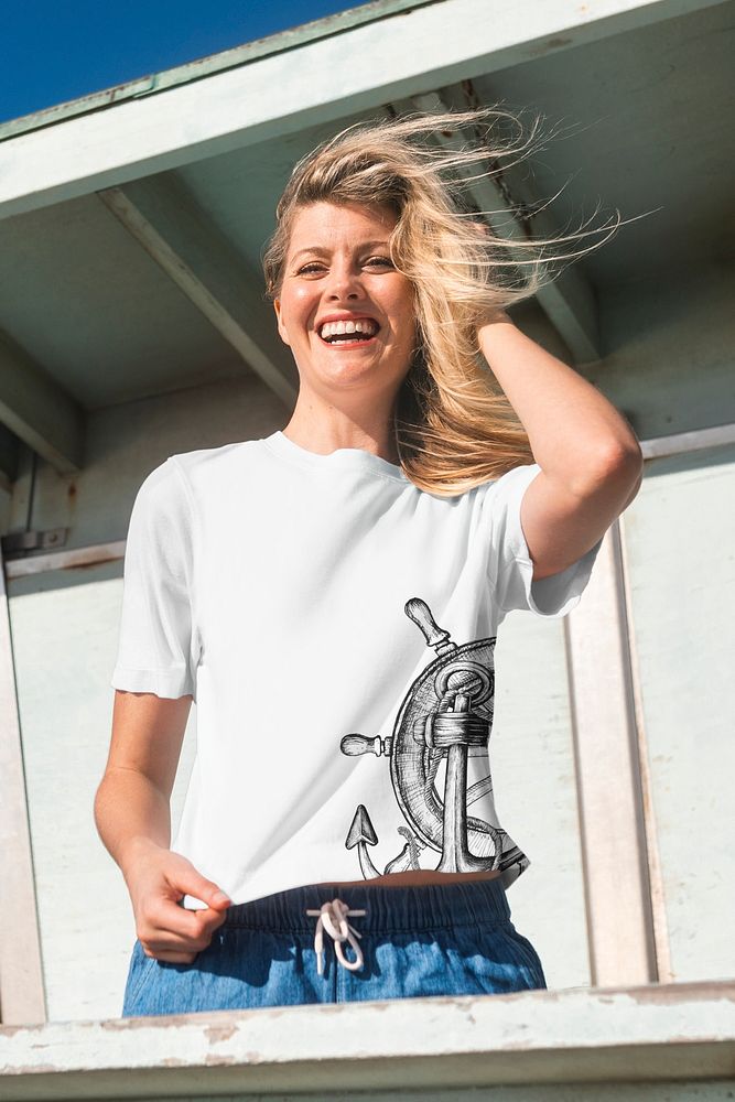 White t-shirt mockup psd with anchor symbol beach apparel shoot