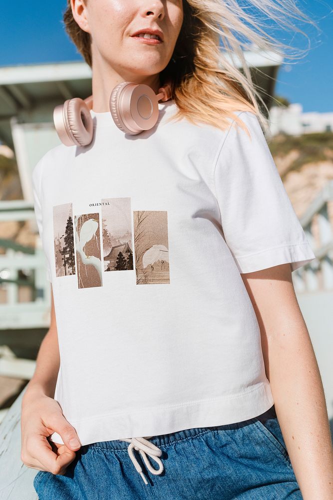 White t-shirt mockup psd with japanese illustration beach apparel shoot