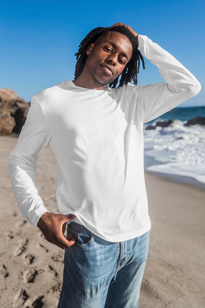 White t-shirt psd mockup long sleeve apparel beach shoot