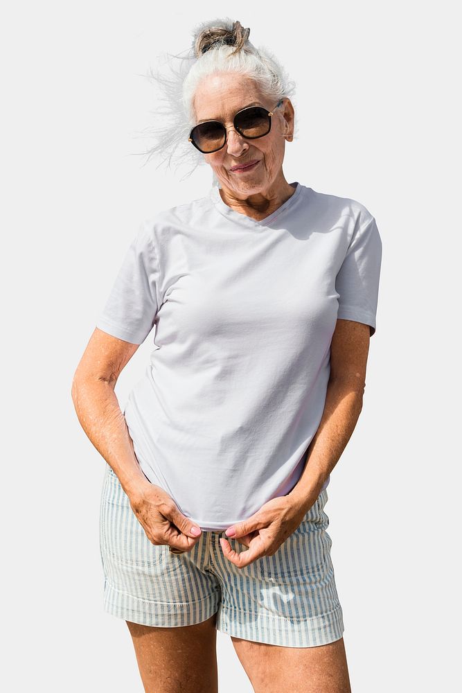 Women's white t-shirt psd mockup senior woman with transparent background