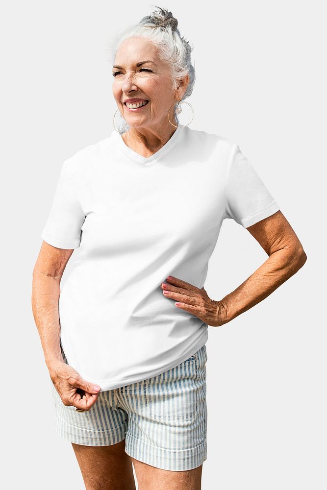 Women's white t-shirt psd mockup senior woman with transparent background