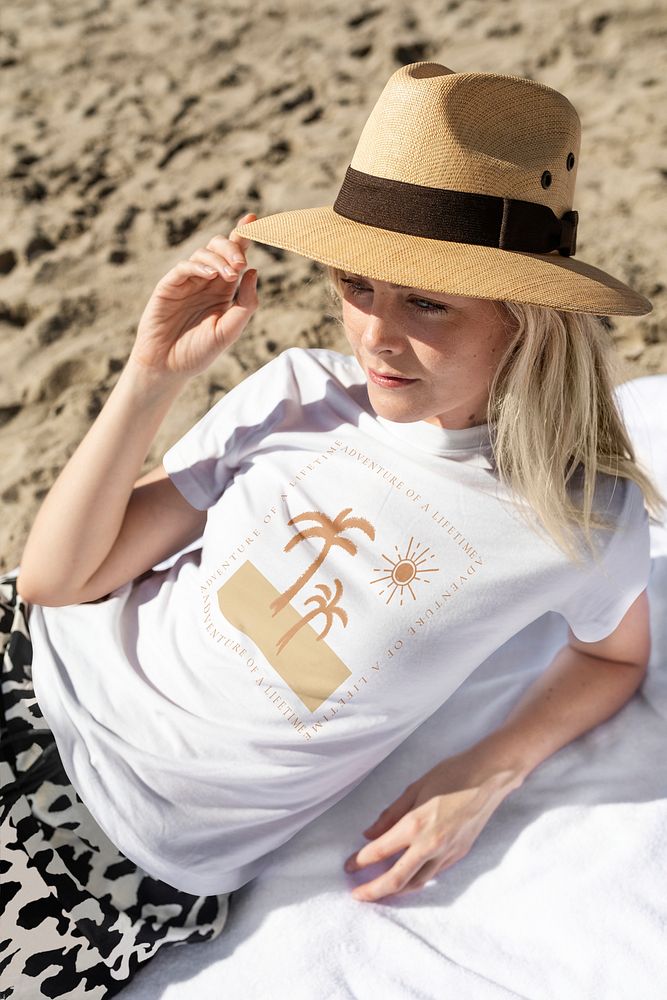 White t-shirt mockup psd with topical summer print beach apparel shoot