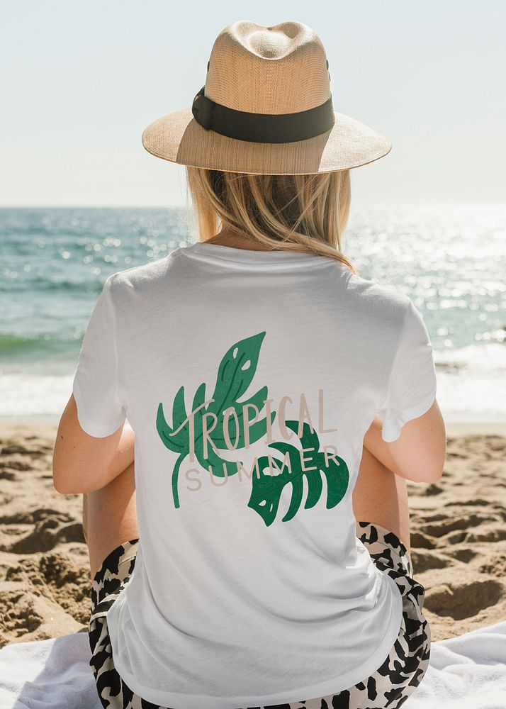 White t-shirt mockup psd with topical summer print beach apparel shoot