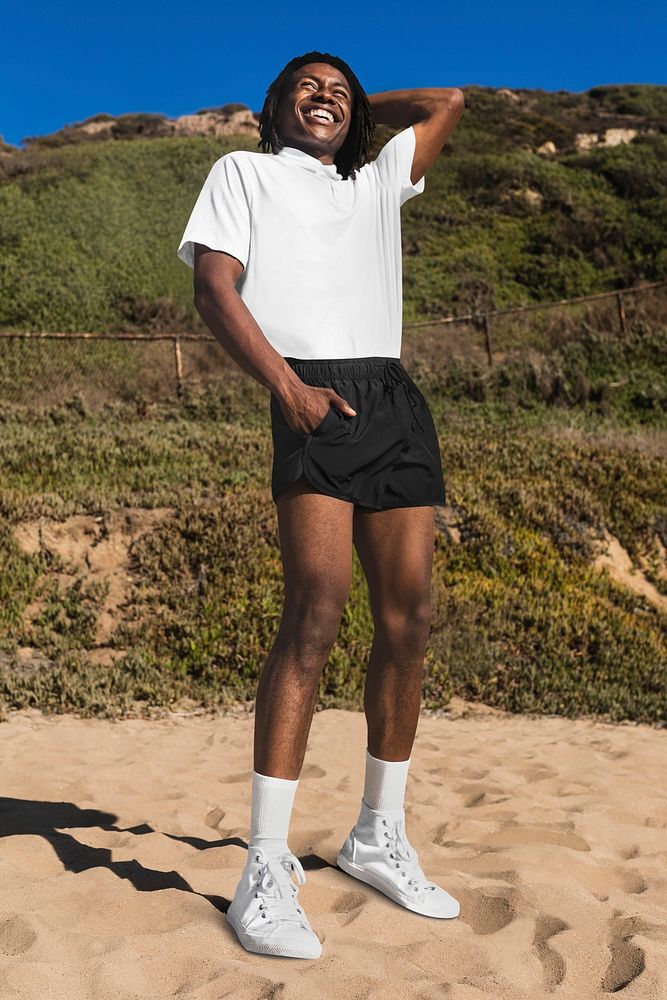 Men&rsquo;s polo shirt mockup psd summer fashion outdoor photoshoot