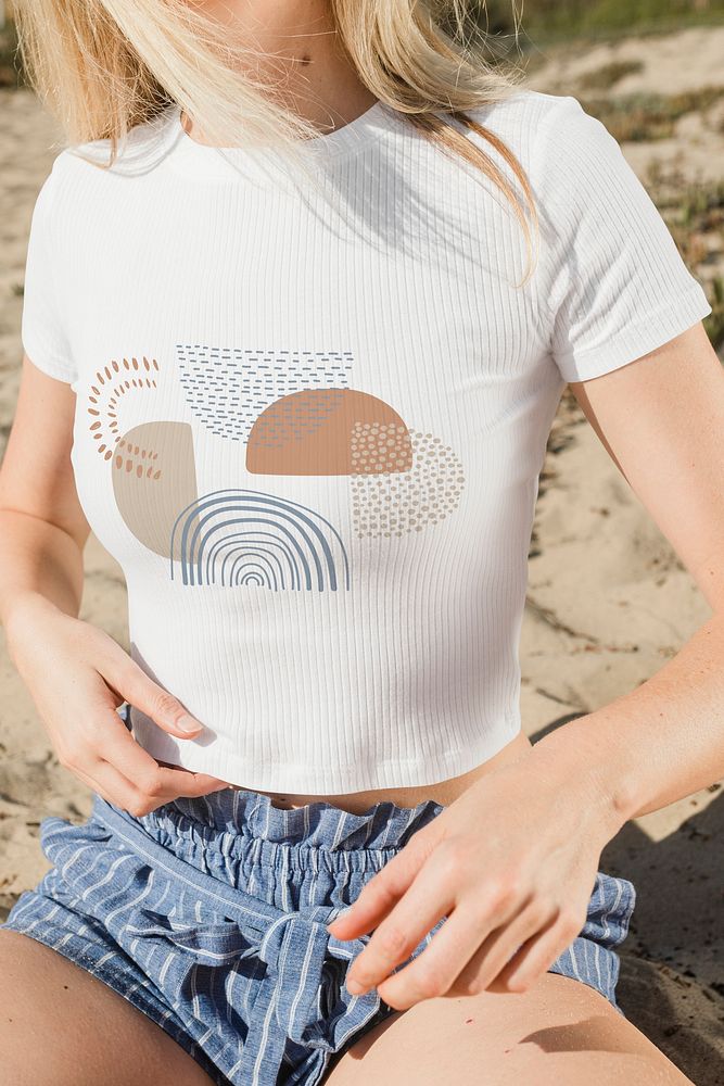 Beige t-shirt mockup psd with Scandinavian print beach apparel shoot