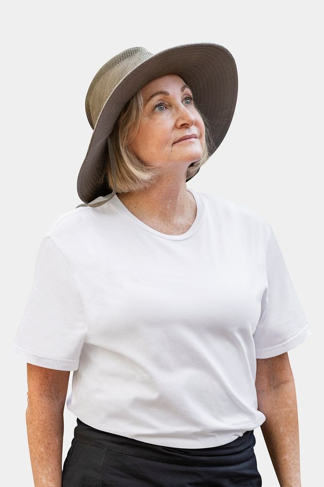 Senior woman in minimal white t-shirt