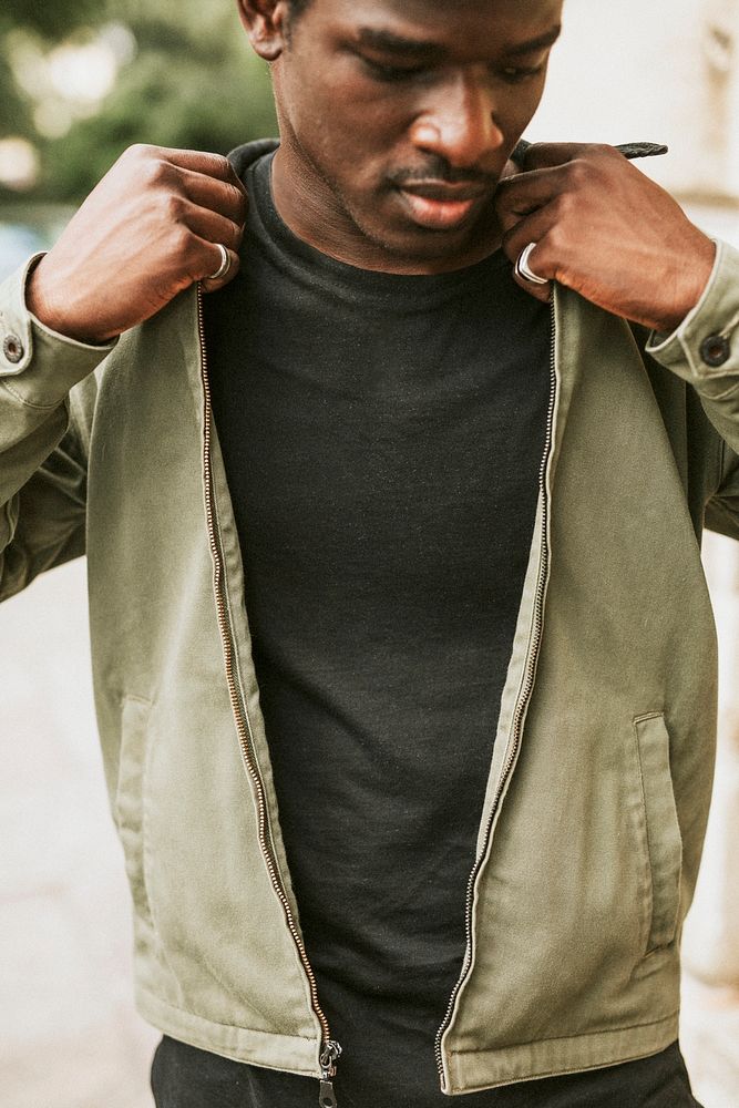 Men's green jacket mockup with black tee on African American model