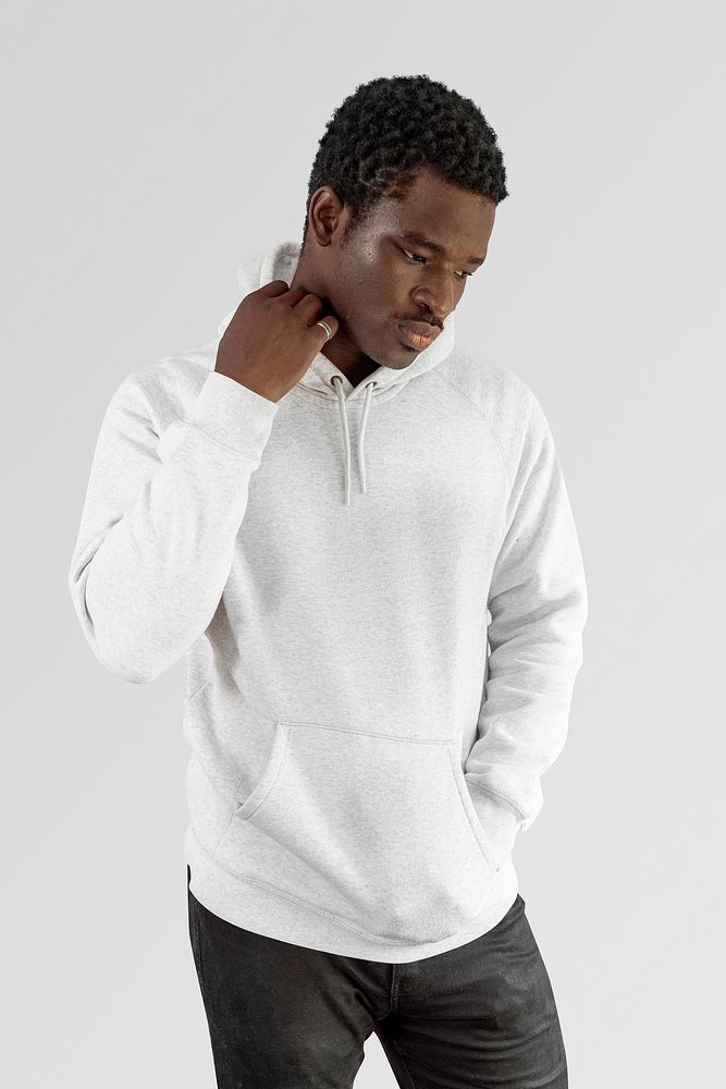 Men's white hoodie mockup on black model psd in studio