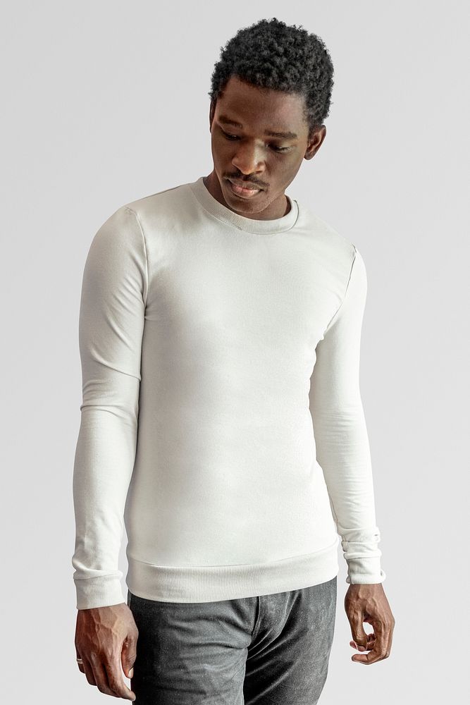 White fitted long sleeve sweater mockup on male model stucio shot psd