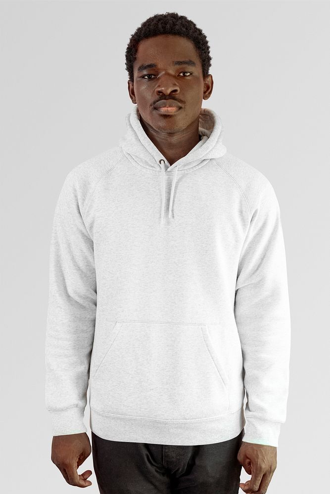 Men's white hoodie mockup on black model psd in studio